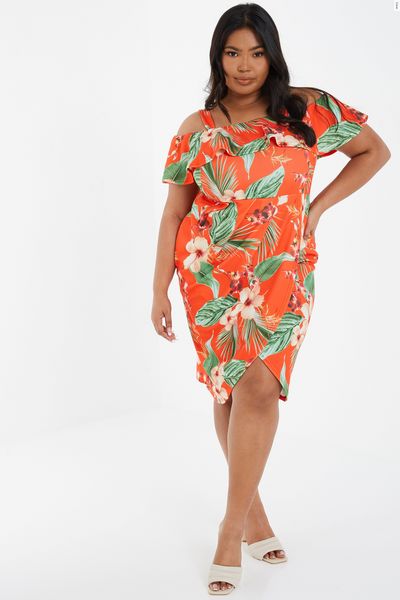 Curve Orange Tropical Print Wrap Dress